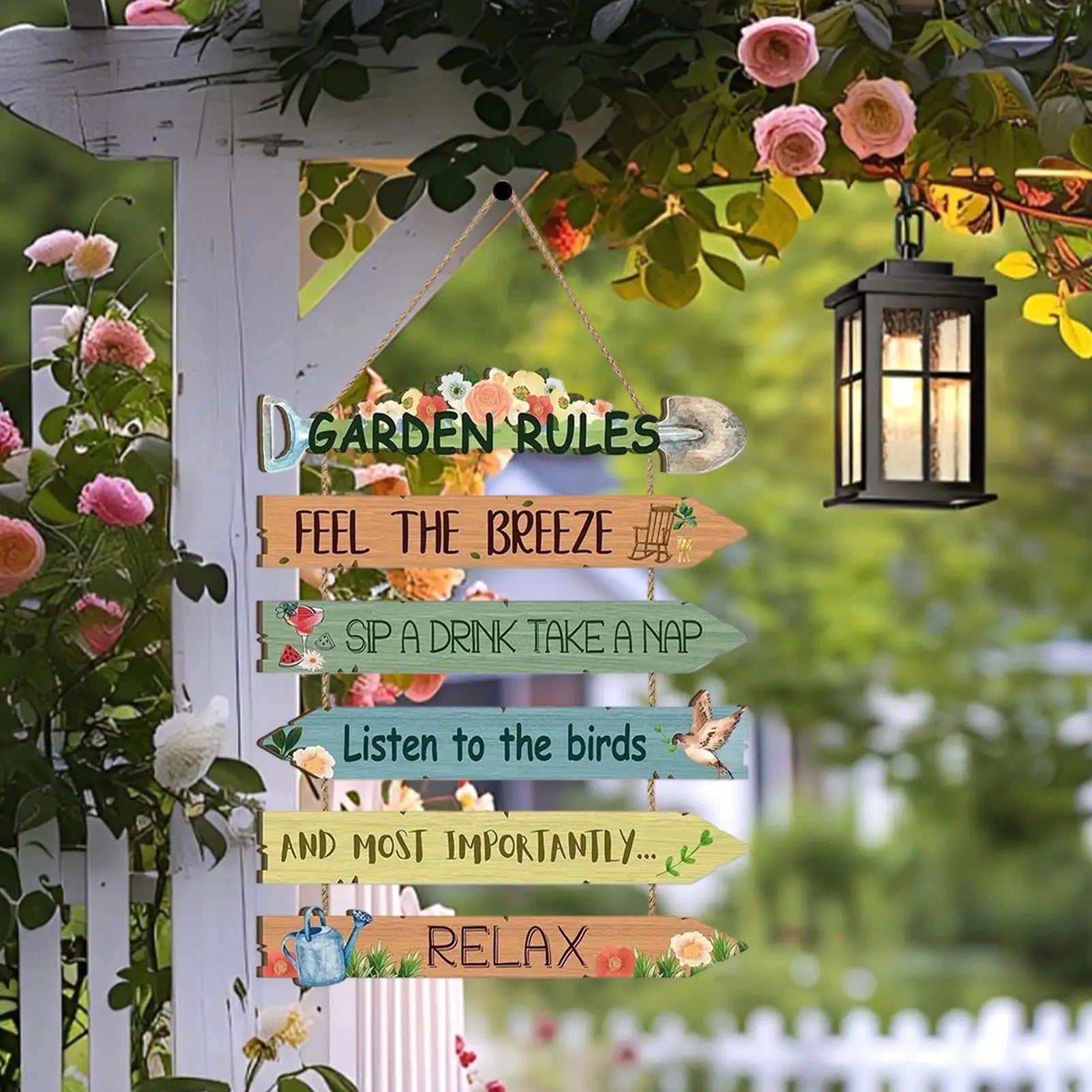 Funny Garden Rules Sign Rustic Wooden Wall Decor Bird Floral Design