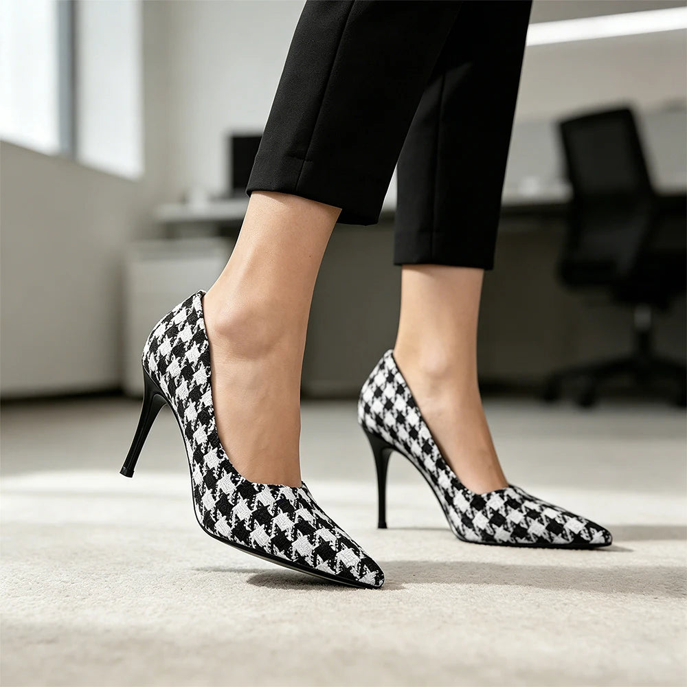 Women's Houndstooth 9cm High Heel Pumps – Vintage Plaid Office Shoes