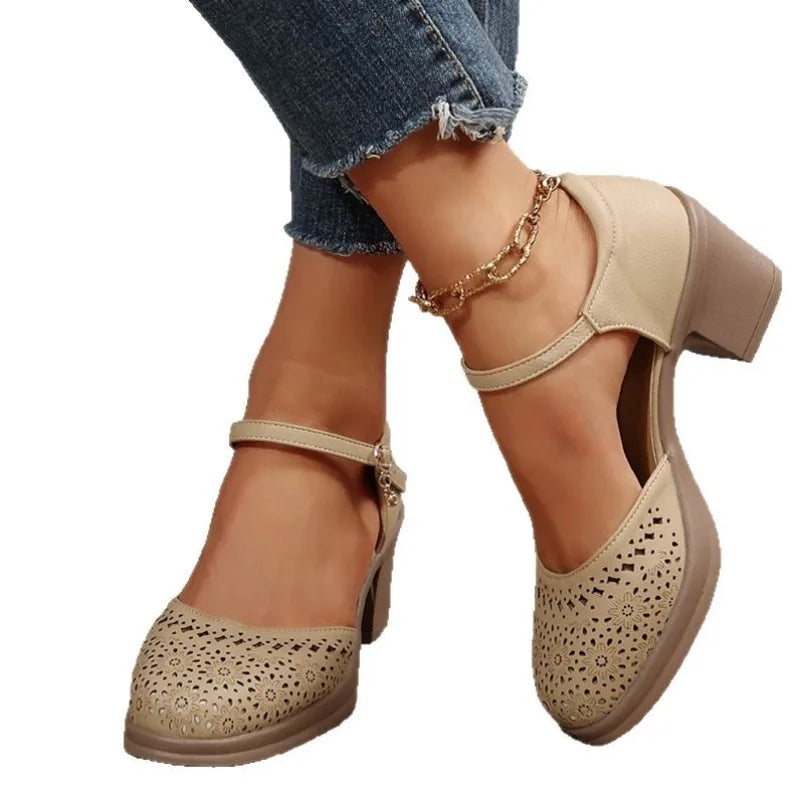 Ankle Strap Heels Sandals Women 2025 Summer Hollow Out Breathable