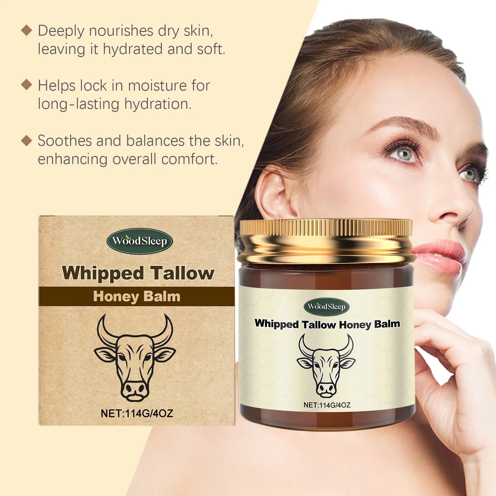 Whipped Beef Tallow Honey Balm Face Cream – Deep Hydration 114g Face Balm Cream Zpaxo