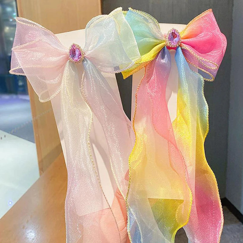 Girls Cute Elegant Mesh Bow Ribbon Hair Clip Faux Pearl Tassel Zpaxo