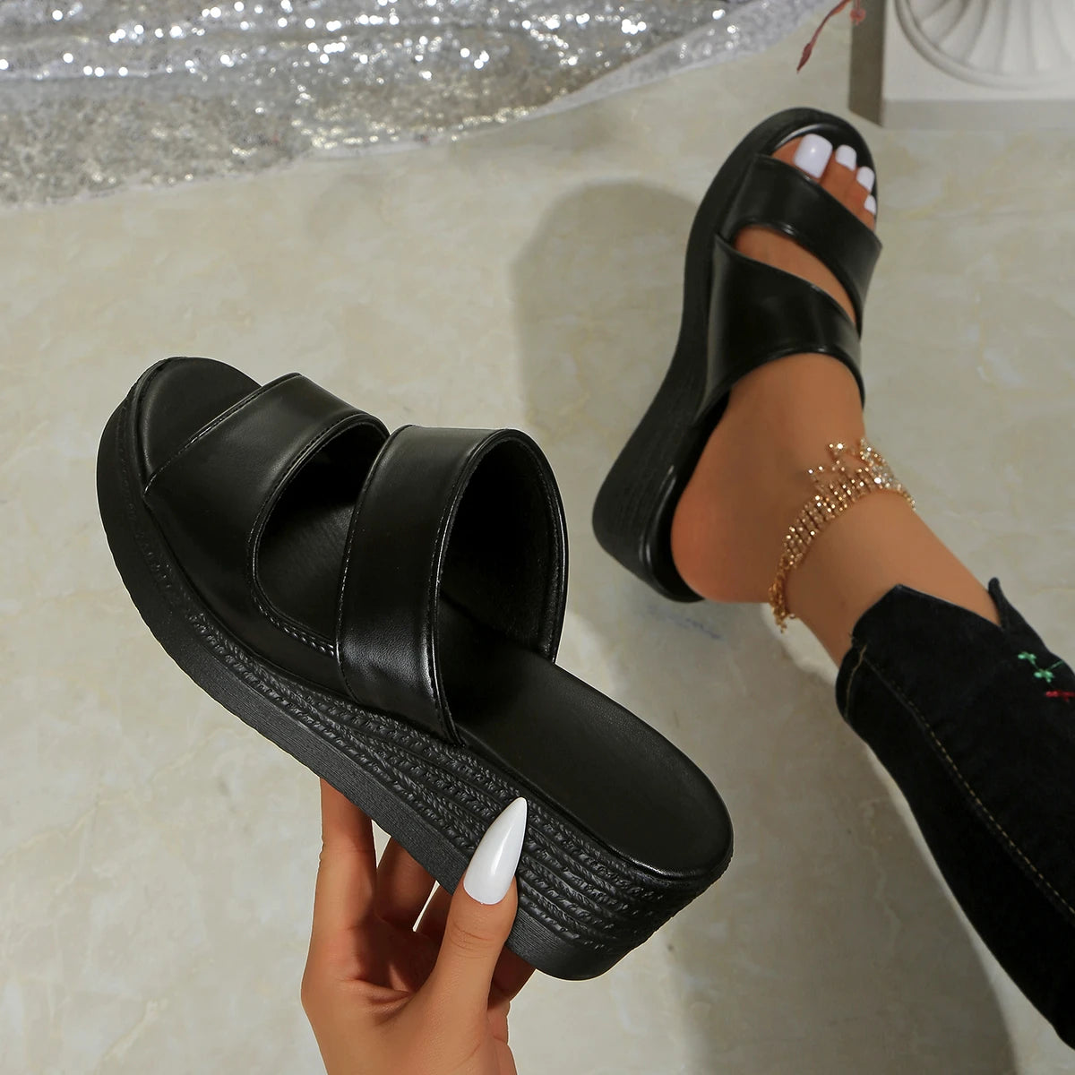 Women Wedge Slippers Casual Sling Backs Glitter Platform Comfortable Zpaxo black 36