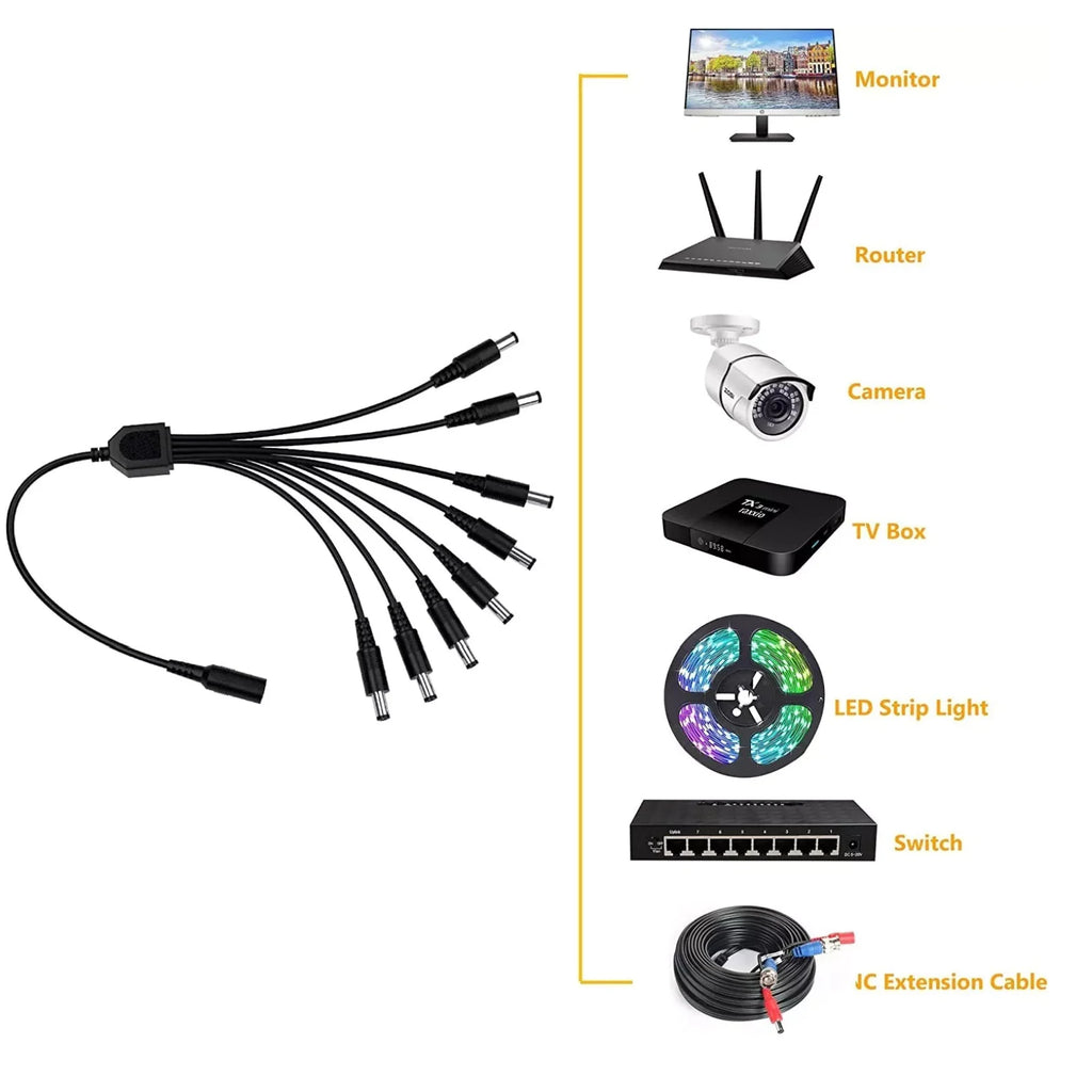 12V DC Power Splitter Plug 1 Female 8 Male Supply Adapter Y Cable
