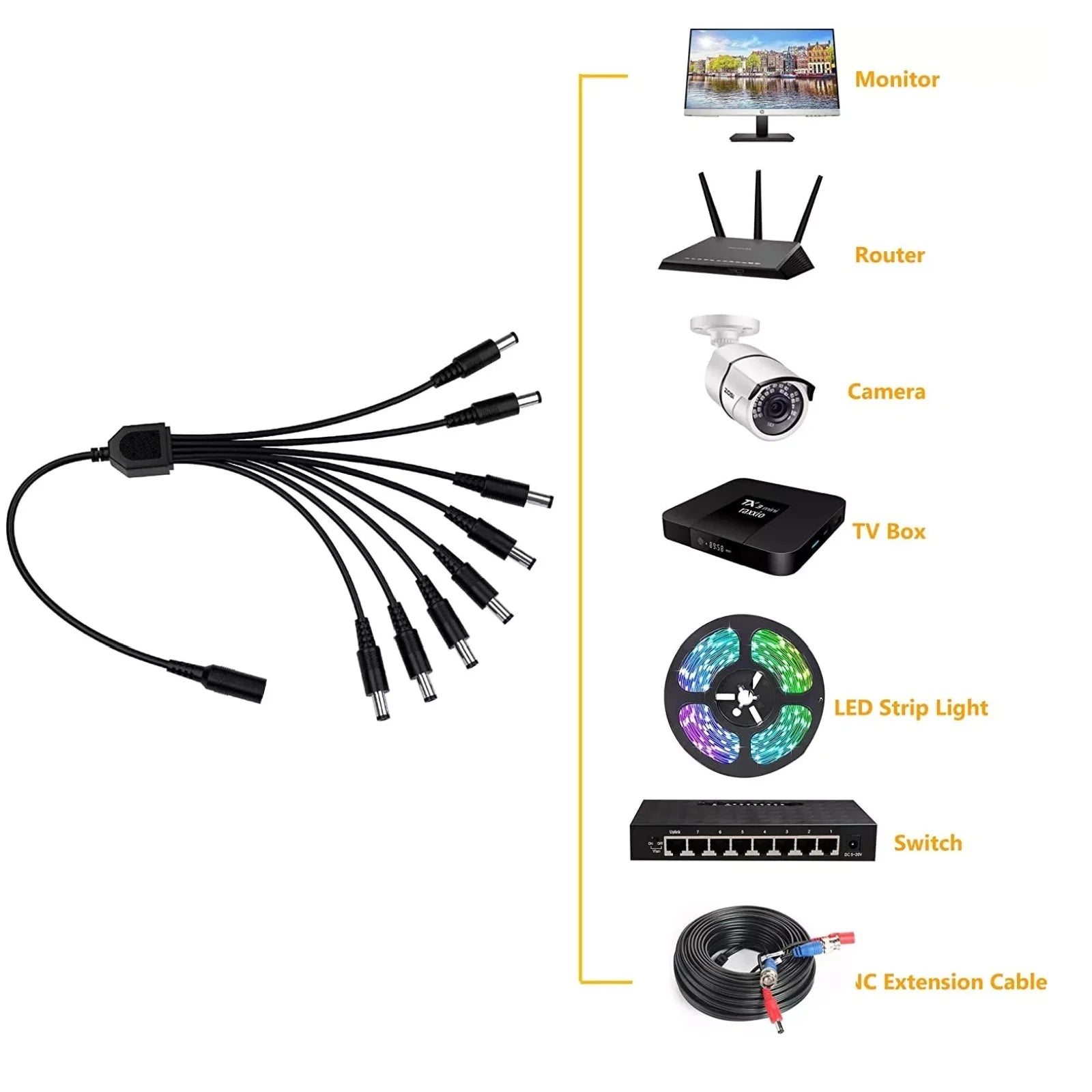 12V DC Power Splitter Plug 1 Female 8 Male Supply Adapter Y Cable