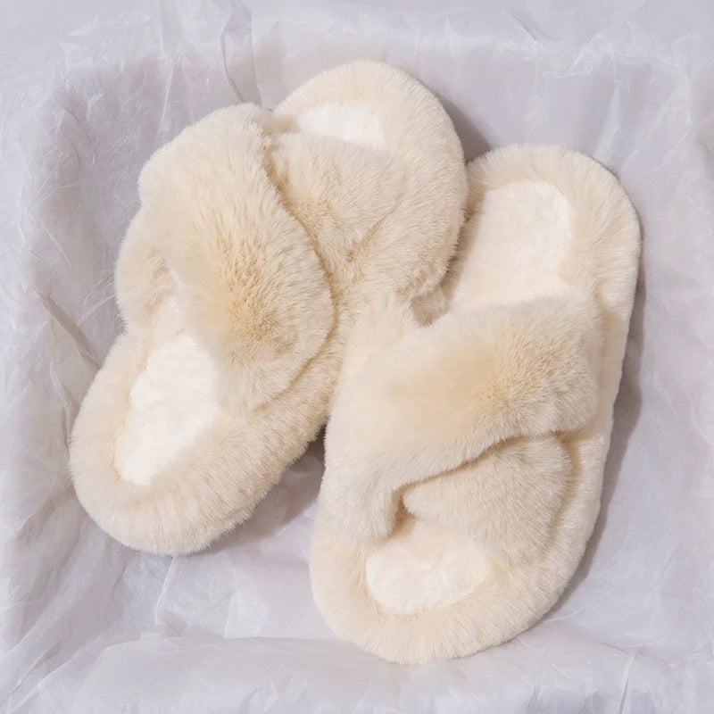 Cross Warm Fluffy Furry Slippers Women Lightweight Flat Heels Fur