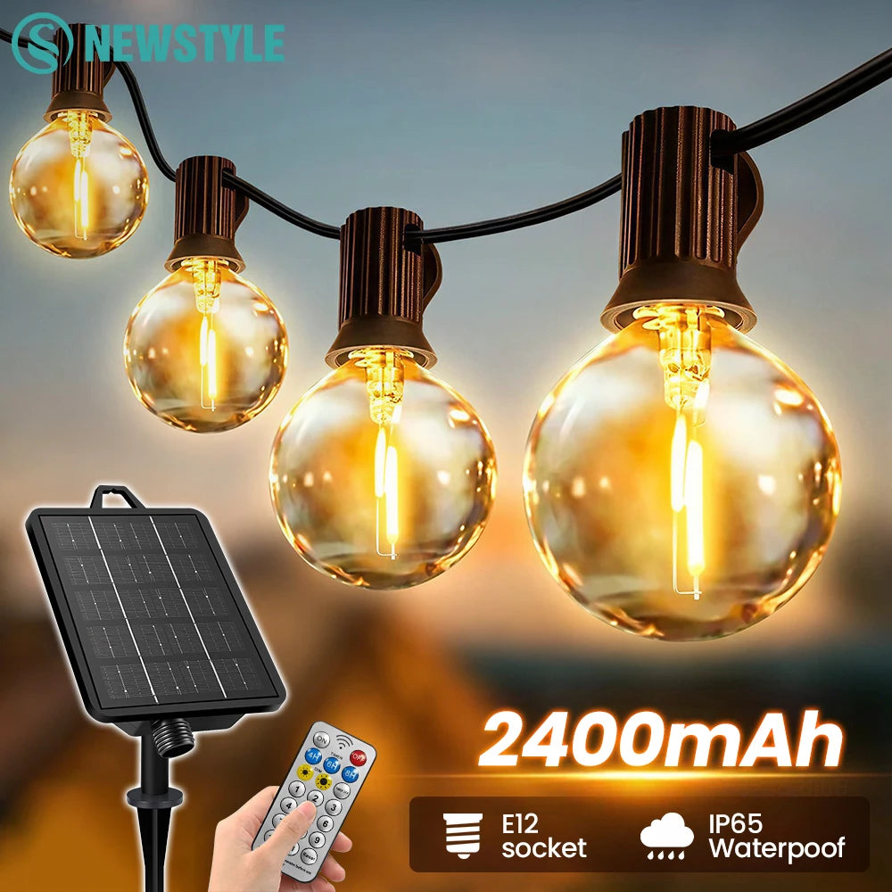Solar String Lights Outdoor with Remote & USB Port IP65 G40 Bulbs 2400mAh Dimmable&Timable 11 Modes Patio Lights Solar Powered Zpaxo