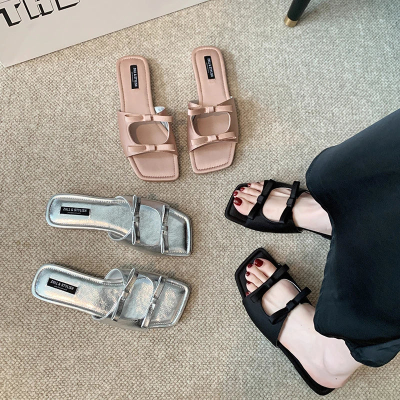 Womens Silver Bow Knot Square Toe Slide Sandals Open Flat Slippers Zpaxo