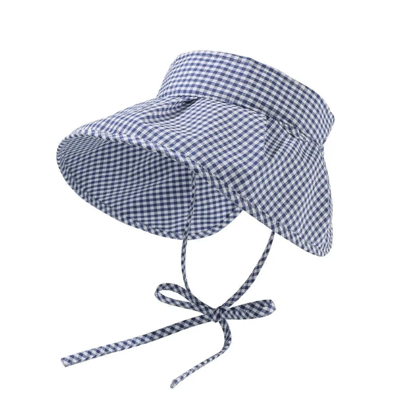Butterfly knot checkered fisherman hat women's summer small fresh travel sun hat big brim to show face small sun hat Zpaxo Blue visor cap