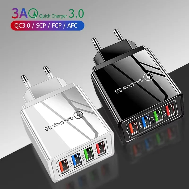 3A EU US Plug USB Charger 4 Ports Quick Charge 3 0 Mobile Phone