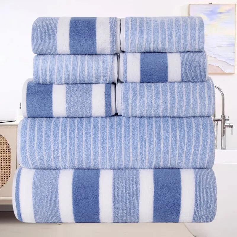 8pcs Coral Fleece Set: Towels, Washcloths, Bath Towels, Quick-Drying Striped Adult Face Towels for Bathrooms Zpaxo