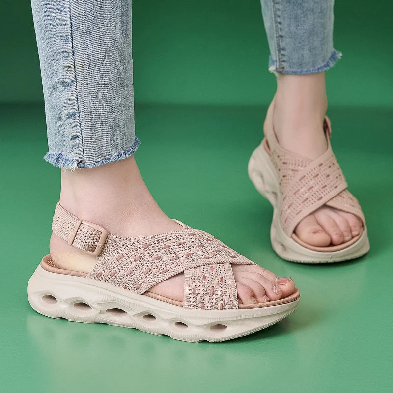 Light Pink Knit Wedge Sandals Breathable Woven Upper Adjustable Zpaxo