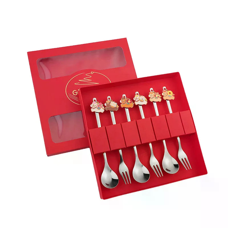 Chinese New Year Themed Cutlery Set Stainless Steel Creative Cartoon Year Of The Horse Fork Spoon 2/4/6pcs Holiday Gift Cutlery Zpaxo
