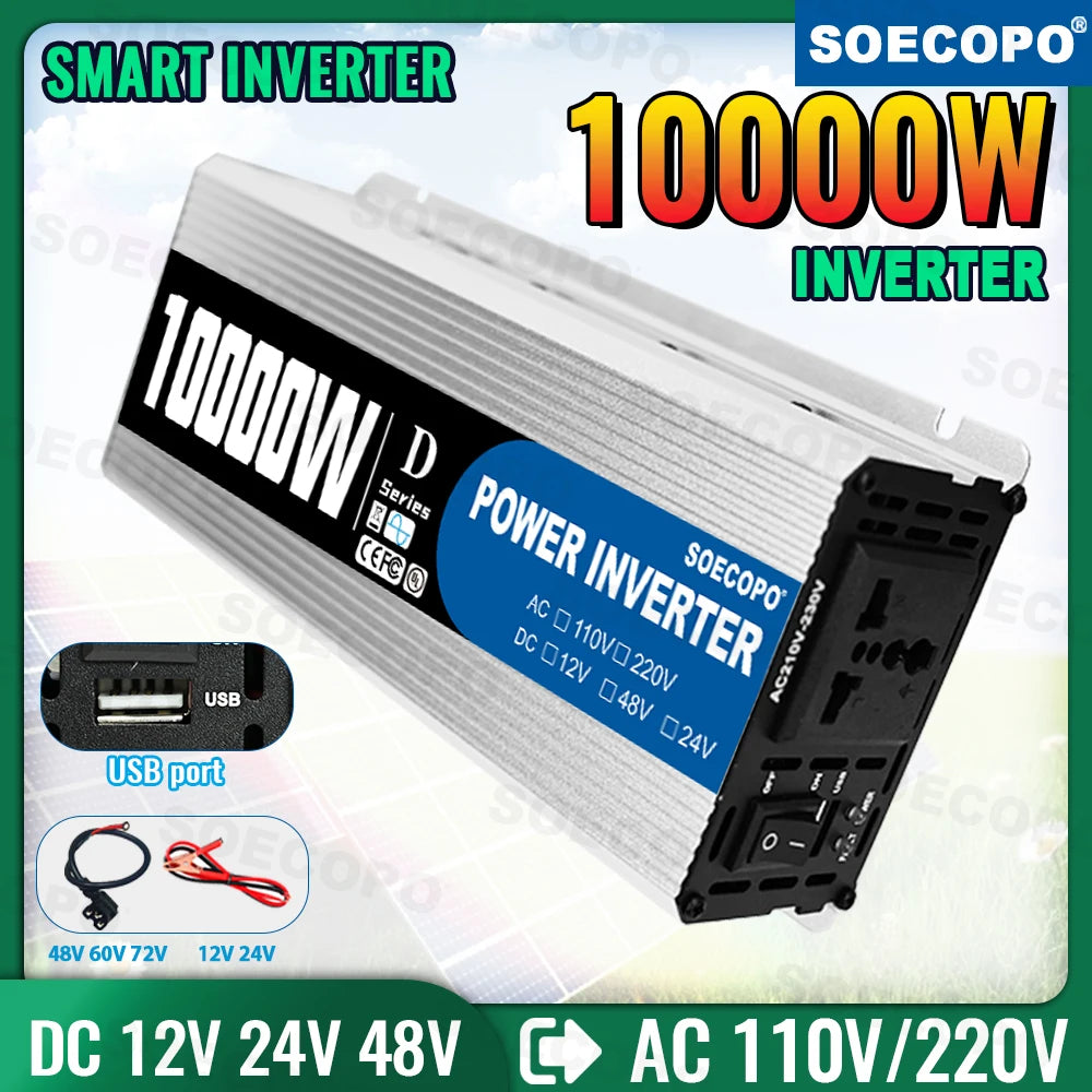 10000W All-Round Inverter DC 12V/24V/48V to AC 110V/220V with Universal Socket & USB Ports LCD Display Smart Fan for RV Camping Zpaxo