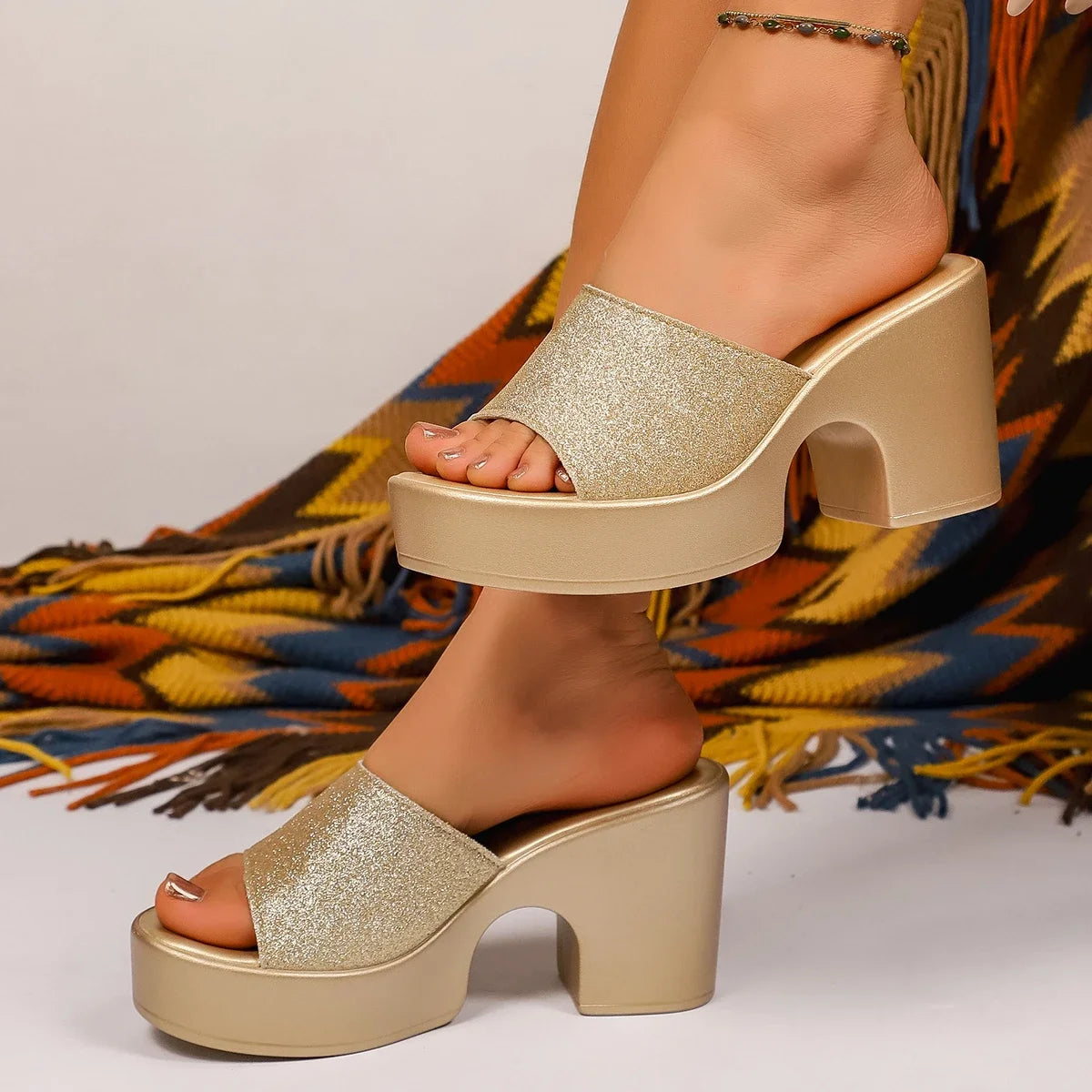 2025 Women Sandals Fashion Gold Heels Slippers Leather Chunky Zpaxo