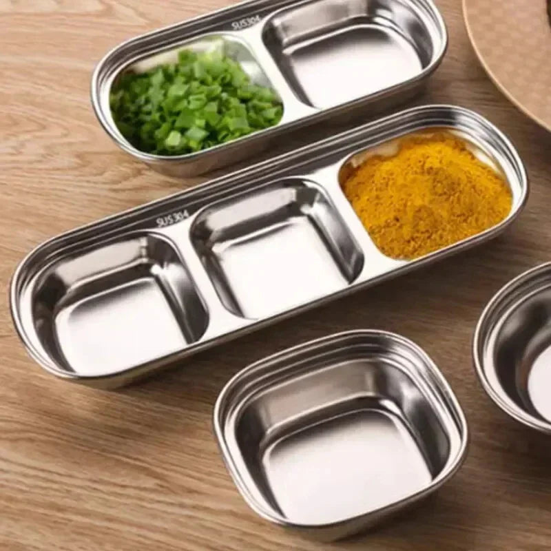304 Stainless Steel 3-Compartment Dip Tray | Korean BBQ Sauce Condiment Dip Tray Zpaxo