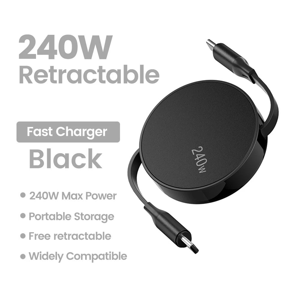 240W PD USB Type C To Type C Cable Retractable Fast Charging USB C Cable For iPhone 15 Huawei Xiaomi Samsung MacBook Data Wire Zpaxo Black
