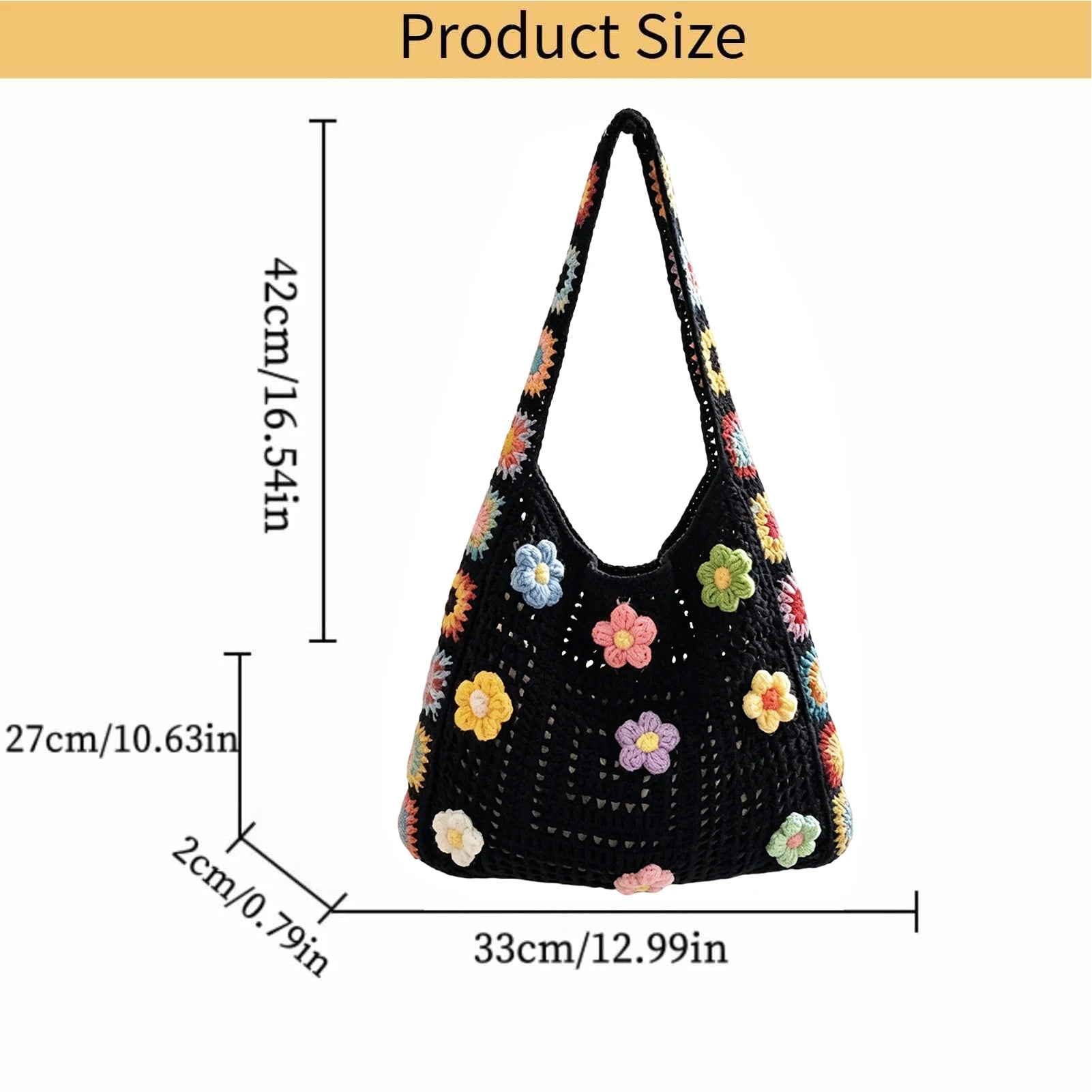 Boho Crochet Flower Bag – Women's Woven Beach Tote Handbag Crochet Tote Bag Zpaxo Black