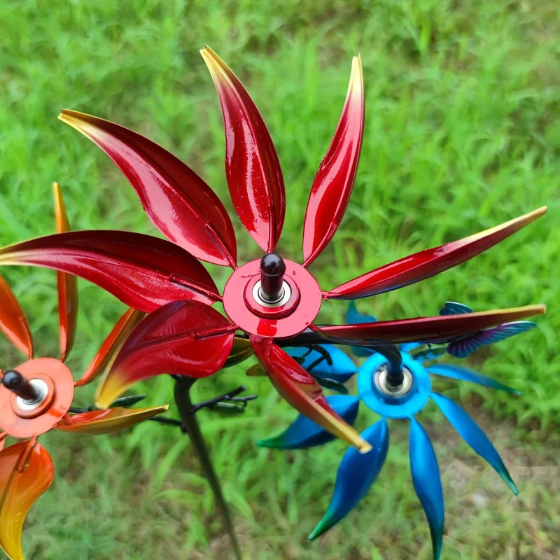 Metal Wind Spinner Flowers Butterflies Three Rotating Flower