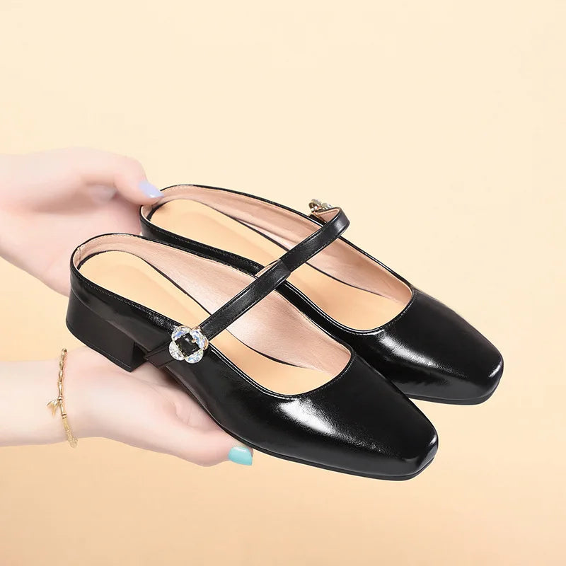 Black Patent Leather Mary Jane Mules Rhinestone Buckle Square Toe Low Zpaxo
