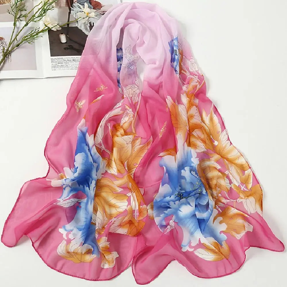 Elegant 160*50cm Chiffon Scarf Sunscreen Gradient Shawl Silk Flower Print Washable Beach Gauze Scarf for Women Zpaxo