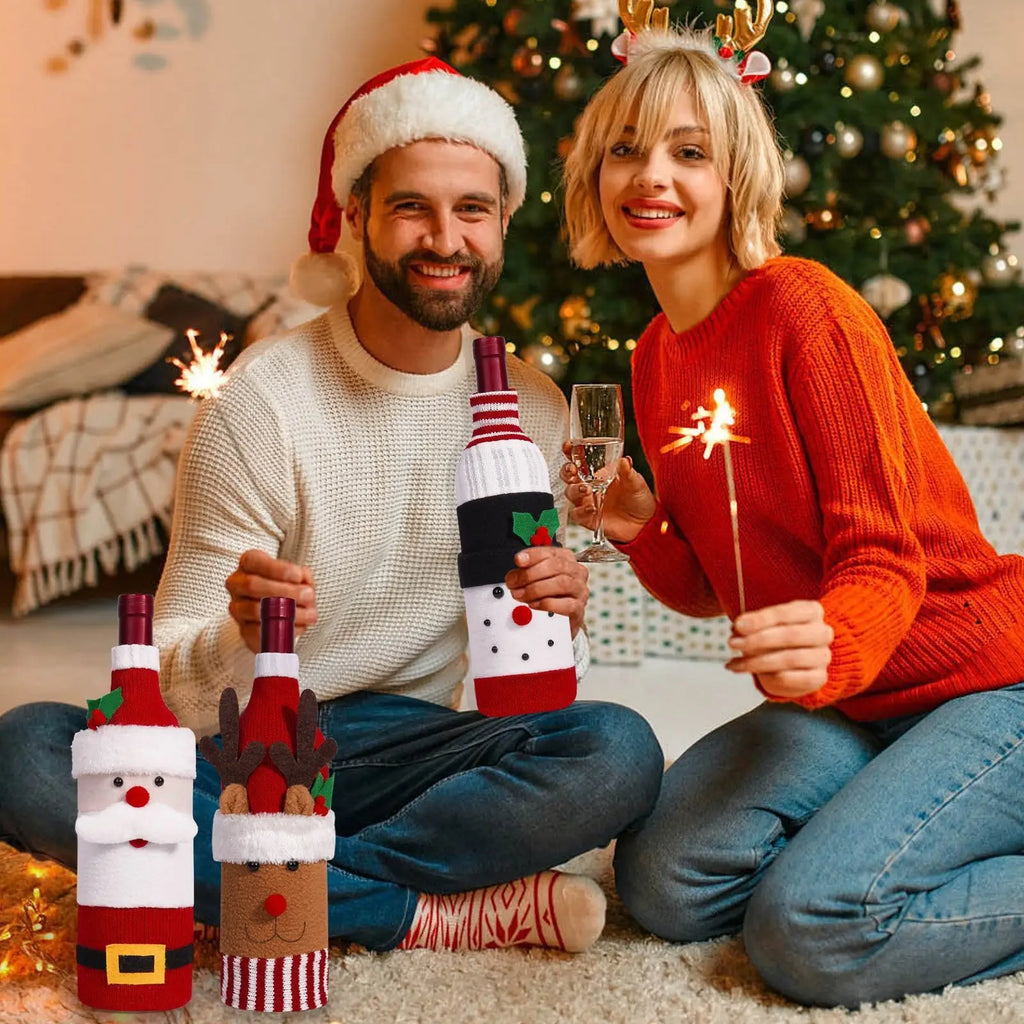 1 3 5 Knitted Wine Bottle Cozy Christmas Themed Decor Champagne