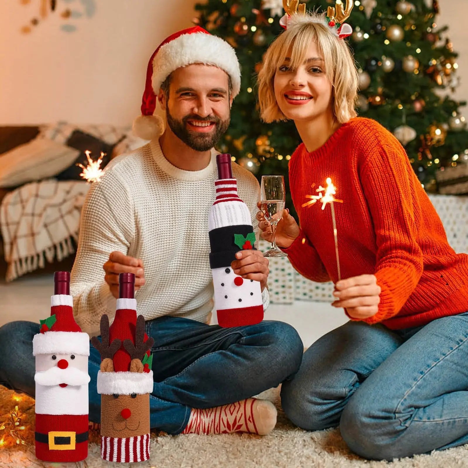 1 3 5 Knitted Wine Bottle Cozy Christmas Themed Decor Champagne