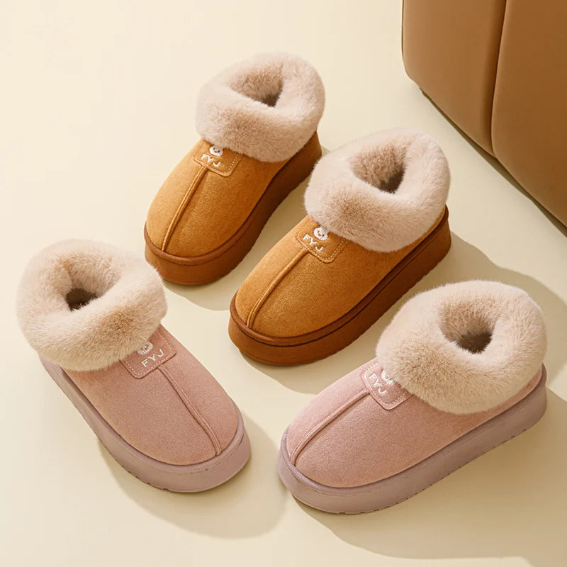 Winter Woman Slippers Plush Anti Slip Sole Thick Bottom Embroider