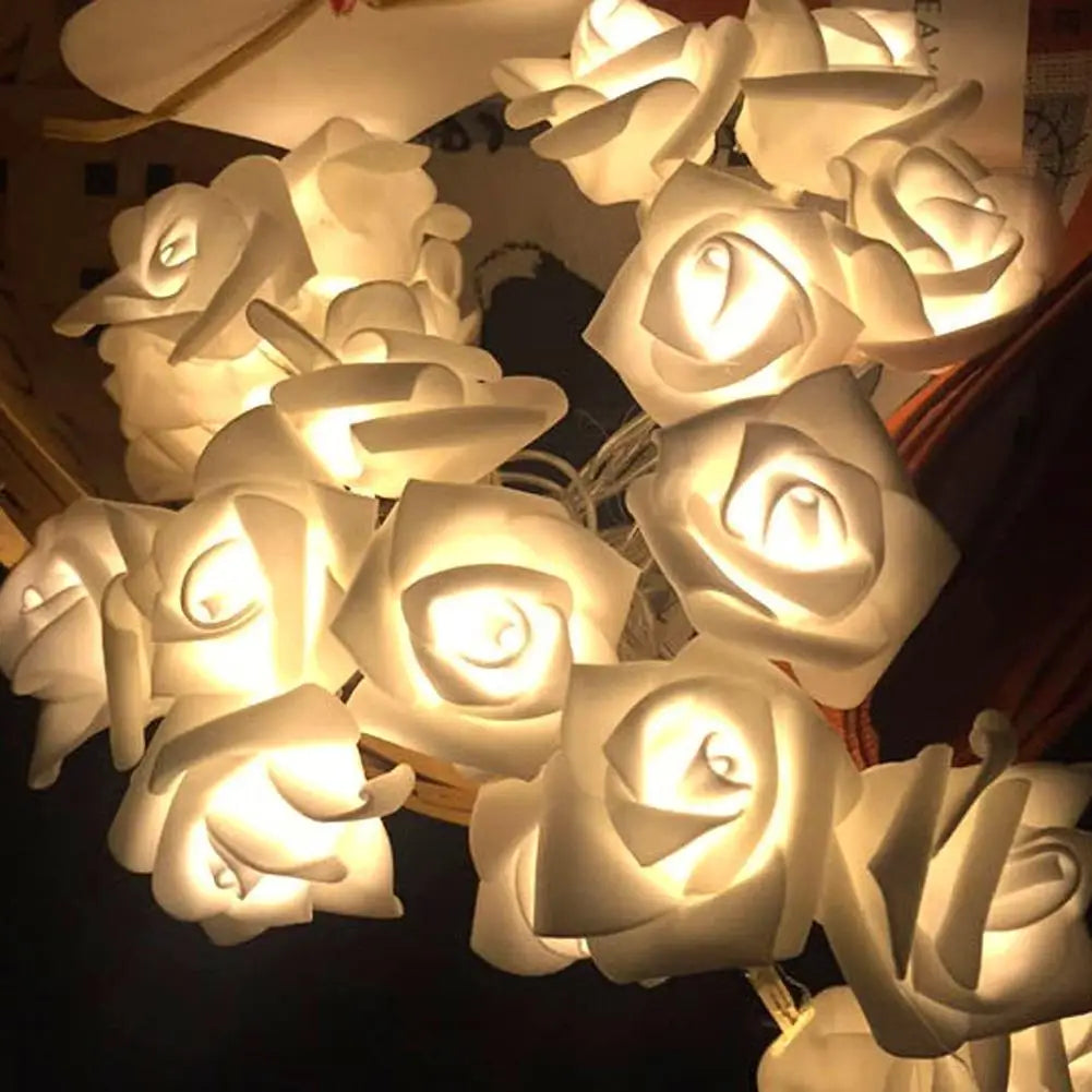 1 2M Artificial White Rose Fairy String Lights Battery