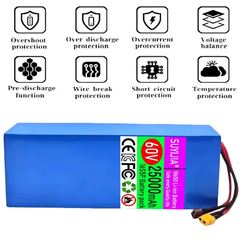60V 16S5P Li-ion Battery 18650 25Ah Rechargeable Lithium Battery Pack 2000W High-power with BMS for Motorcycle, Scooter, Bicycle Zpaxo