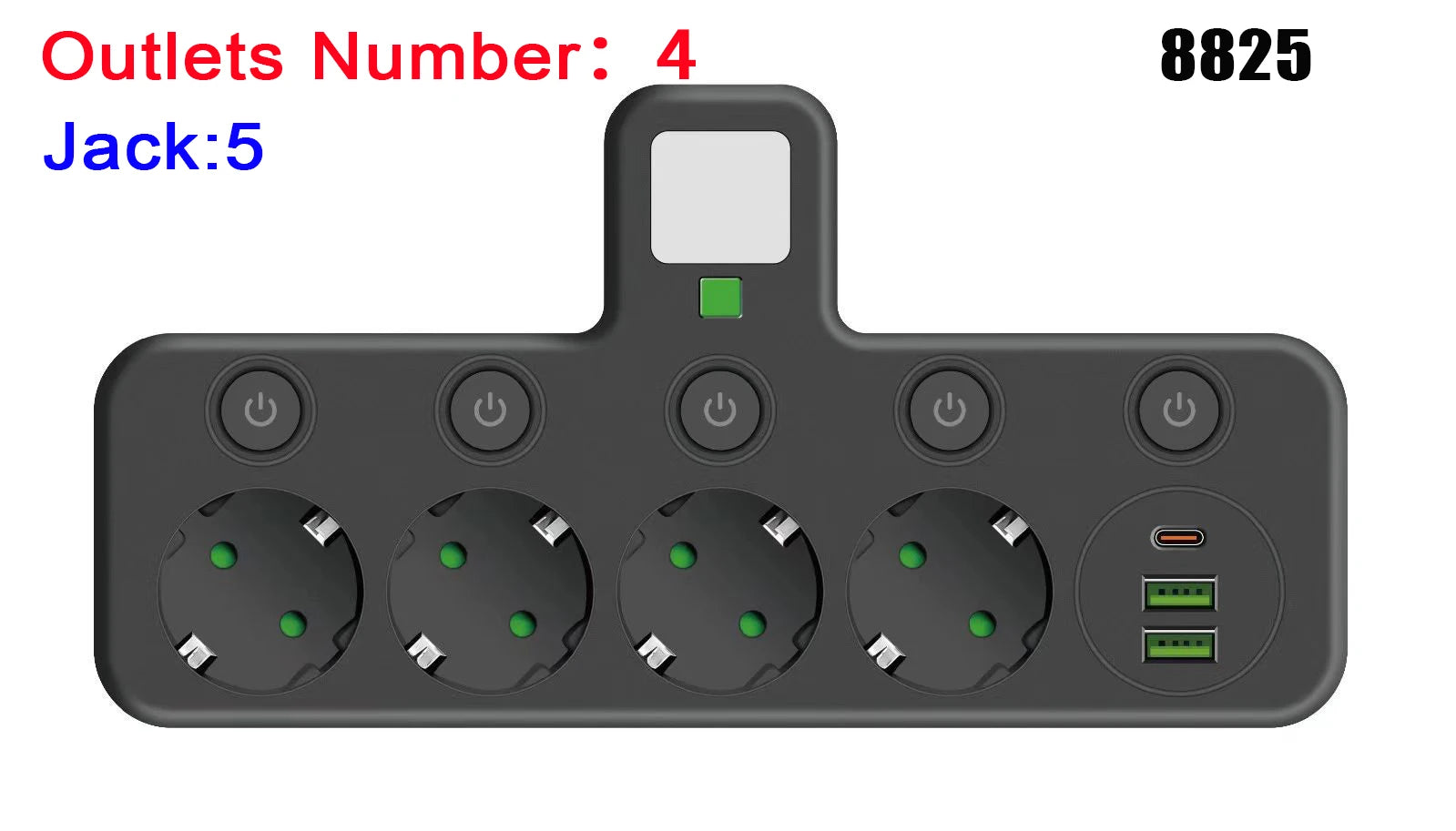 EU Power Strip with USB-C, Multiple AC Outlets & Switches EU Power Strip Zpaxo 8825 Black EU Plug