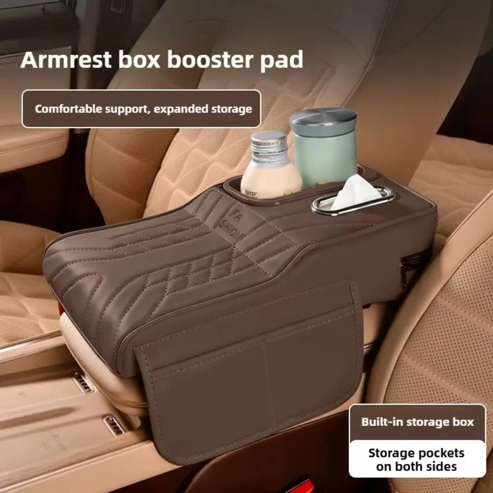 PU Leather Car Armrest Box Height Increase 2 Cup Holder Vehicle Armrest Cushion Comfortable Console Organizer Zpaxo