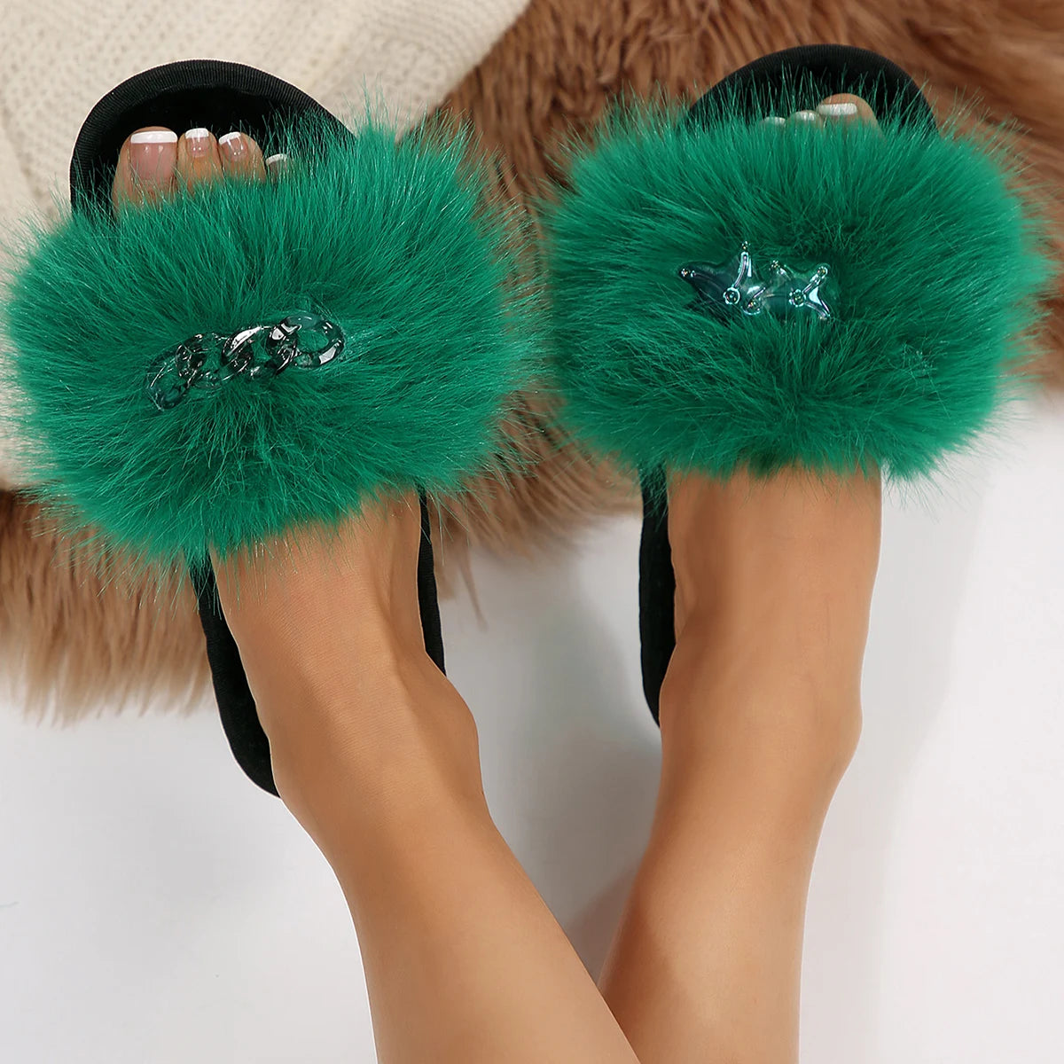 Women Summer Casual Fluffy Slippers Fur Flat Non-slip Furry Large Zpaxo green 42-43