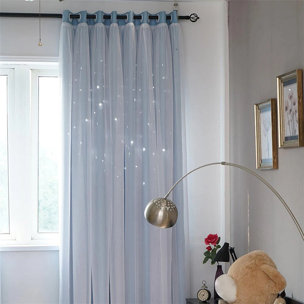 Tulle Blackout Curtains Hollow Star Modern Style Living Room Bedroom Chiffon Window Voiles Tulle Blinds Finished Drapes Kitchen Zpaxo Blue W100xL200cm