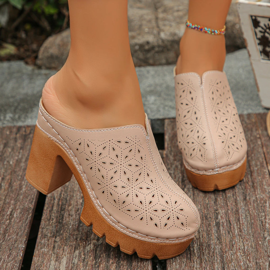 2025 Women High Heels Sandals Cover Toe Thick Heel Slippers Retro Round Toe Mules Shoes Women Comfortable Lightweight Sandals Zpaxo apricot 41