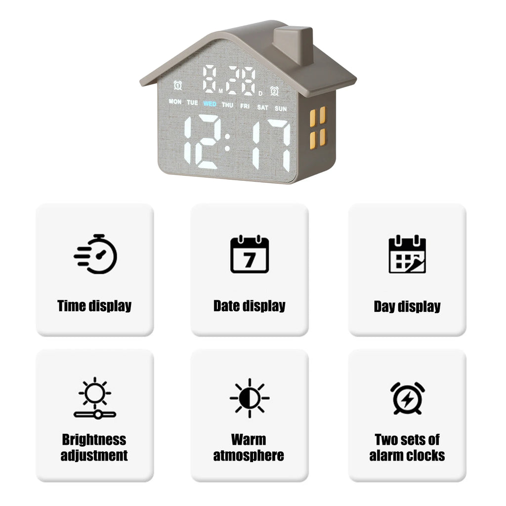 Led House Shaped Digital Alarm Clock Simple Electronic Small Night