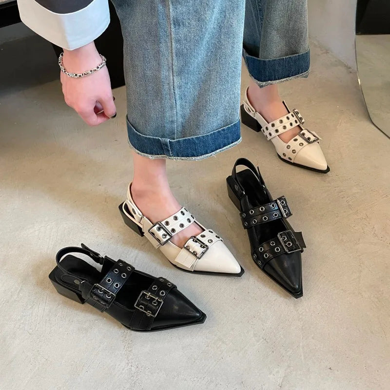 Women Sandals French Pointed Toe Mary Jane Shoes 2024 Summer Retro Zpaxo