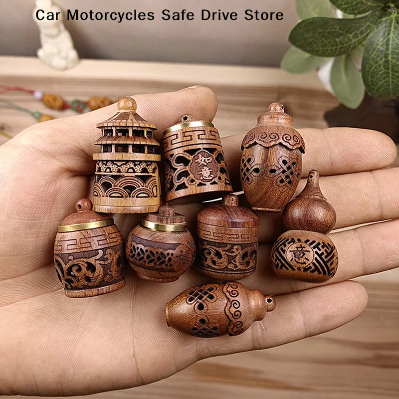 CMWood Hollow Carved Aromatherapy Bottle Mini Vase Pagoda Car Hanging
