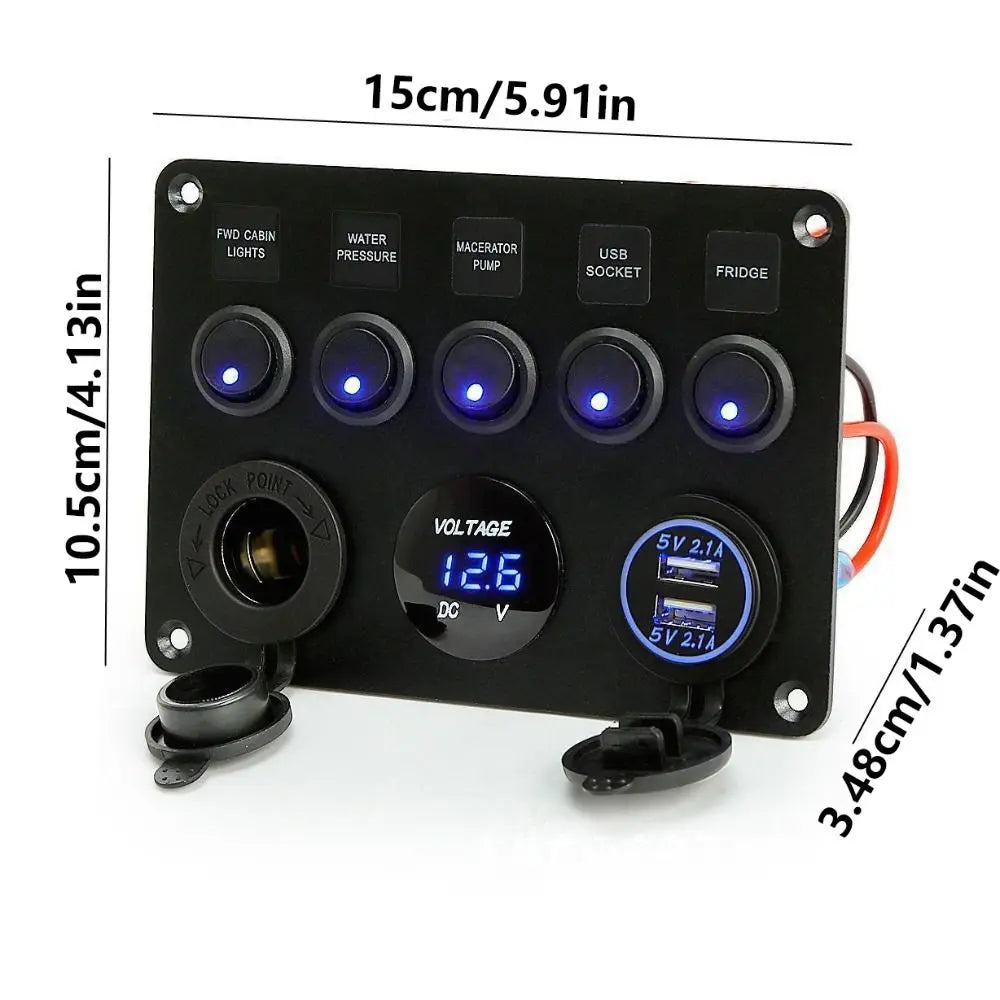 Red/Green/Blue Lights 5 Gang Switch Panel Dual USB Socket Waterproof Inline Fuse Box 12V/24V Digital Voltage Display Zpaxo