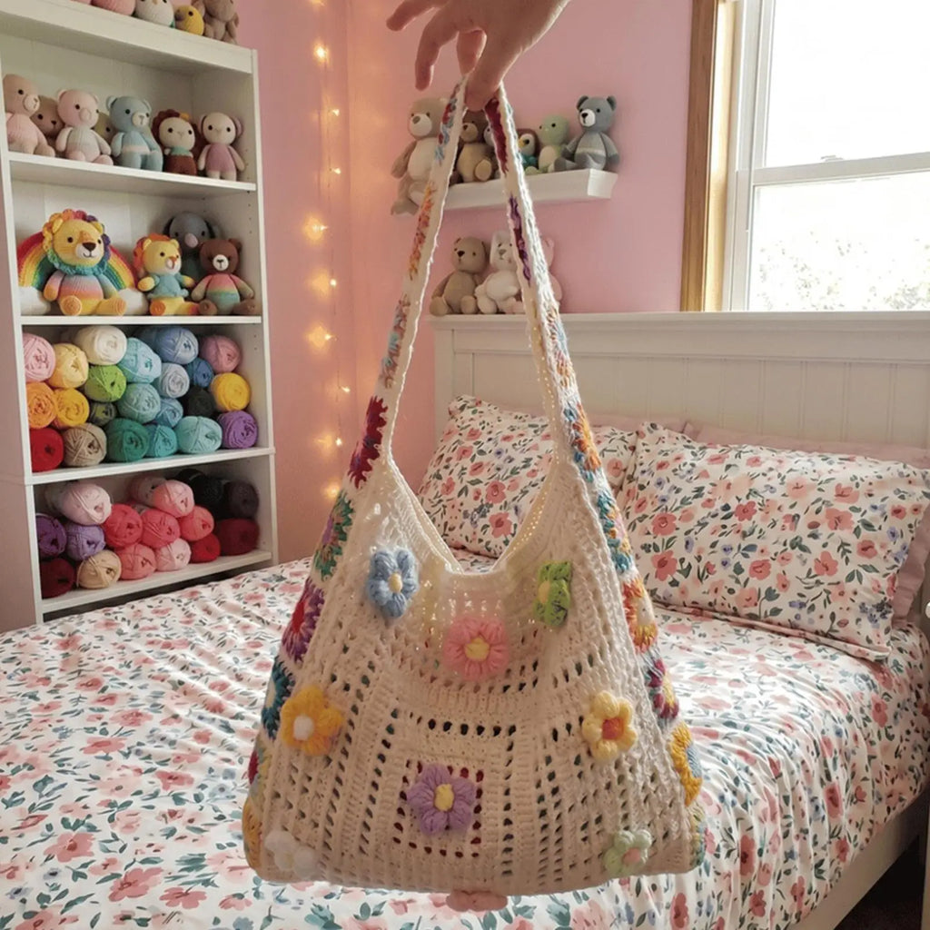 Boho Crochet Flower Bag – Women's Woven Beach Tote Handbag Crochet Tote Bag Zpaxo