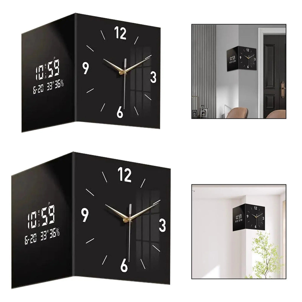 Double Sided Corner Wall Clock with Temperature & Date Display Double Sided Wall Clock Zpaxo 26cmx26cm