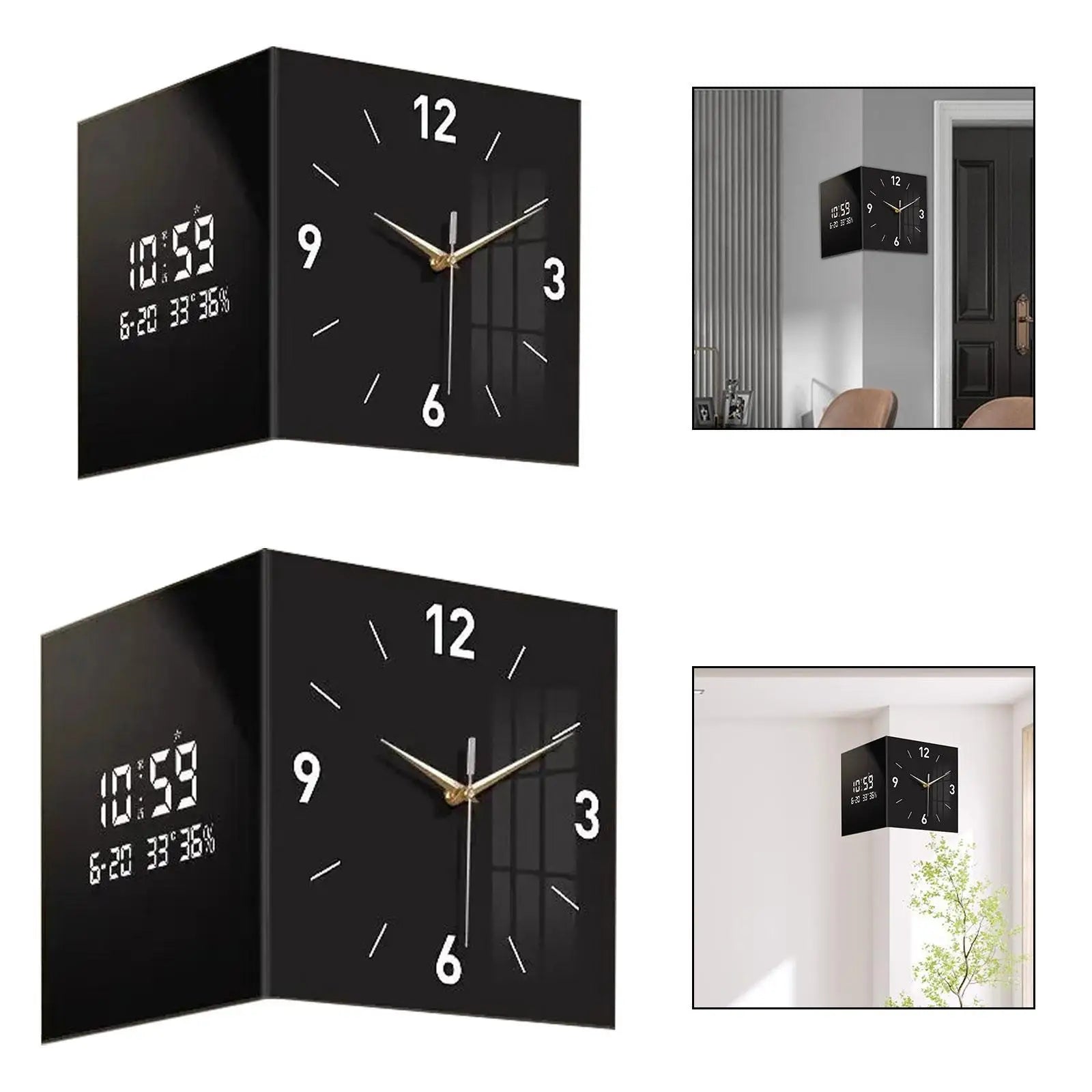 Double Sided Corner Wall Clock with Temperature & Date Display Double Sided Wall Clock Zpaxo 26cmx26cm