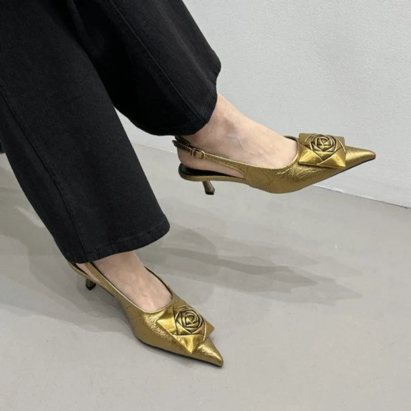 Women Sandals Thin Heels Slip-On Summer Pumps Sexy Pointed Toe High Heeled Shoes Woman Luxury Lady Black Wedding Party Shoes Zpaxo Gold 35