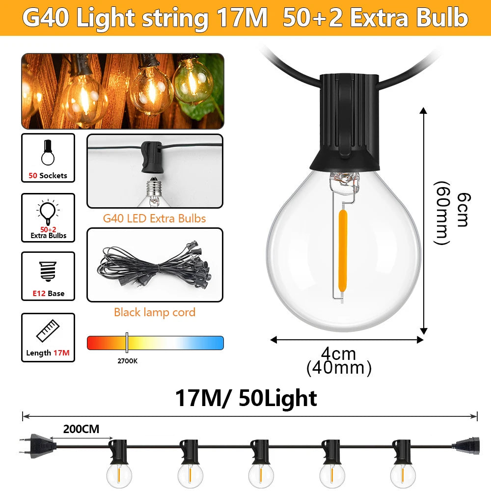 Outdoor String Lights G40 LED Patio Lights EU Plug Edison Bulbs Waterproof Hanging Light for Backyard Party Wedding Camping Lamp Zpaxo 17M 50Bulbs 220V-EU Plug