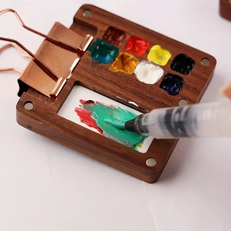 Mini Wooden Watercolor Palette Set – 8/15 Grid with Brushes