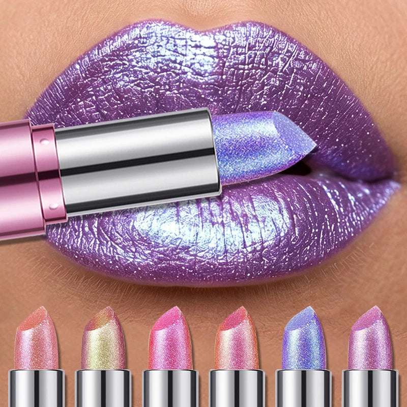 1PC Metallic Violet Chameleon Lipstick Pearlescent Glitter Diamond Lipstick Long Waterproof Pearl Shine Lip Gloss Sexy Makeup Zpaxo