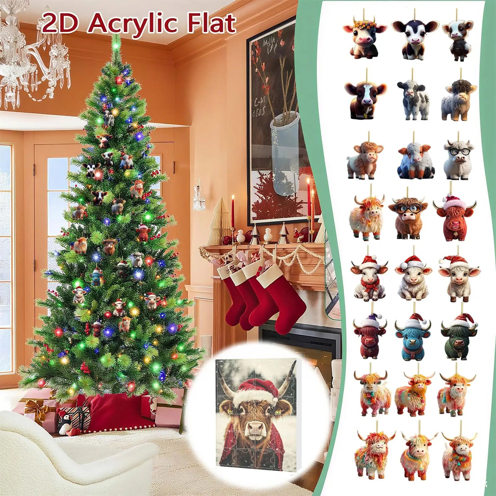Christmas Advent Calendar Highland Cow Ornaments 2D Acrylic Cute