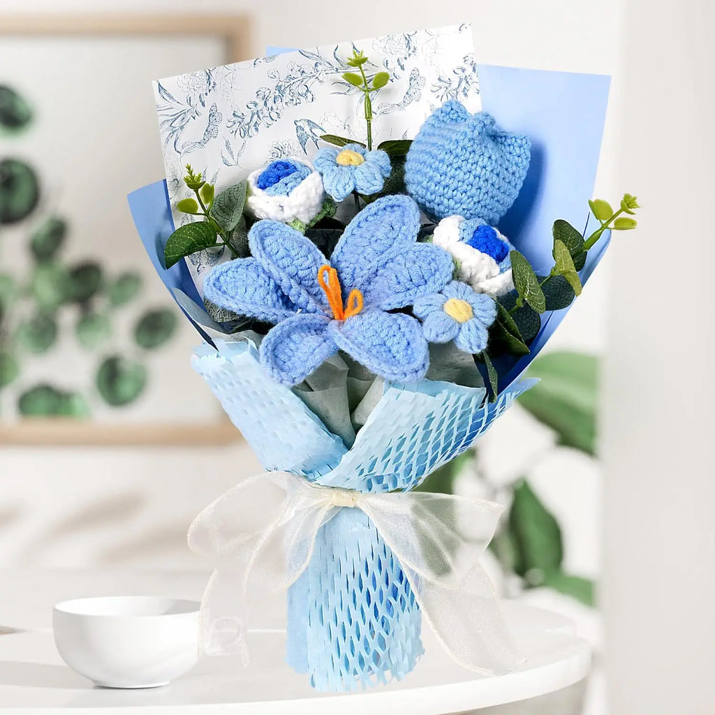 Knitted Flower Bouquet Handmade Tulip Rose Daisy Crochet Flowers