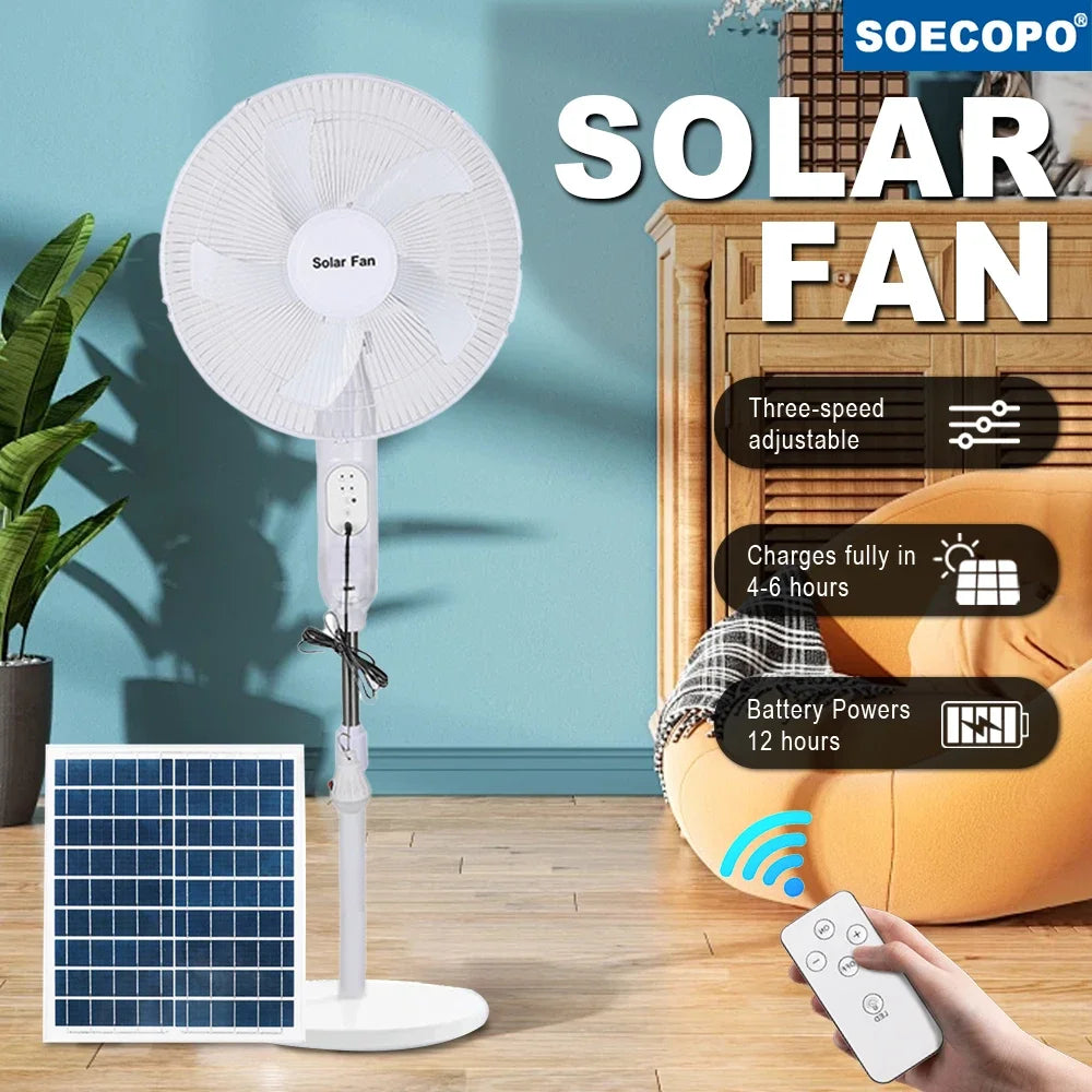 Solar Floor Fan Rechargeable 25W Panel 5H Charges 12H Runtime Remote