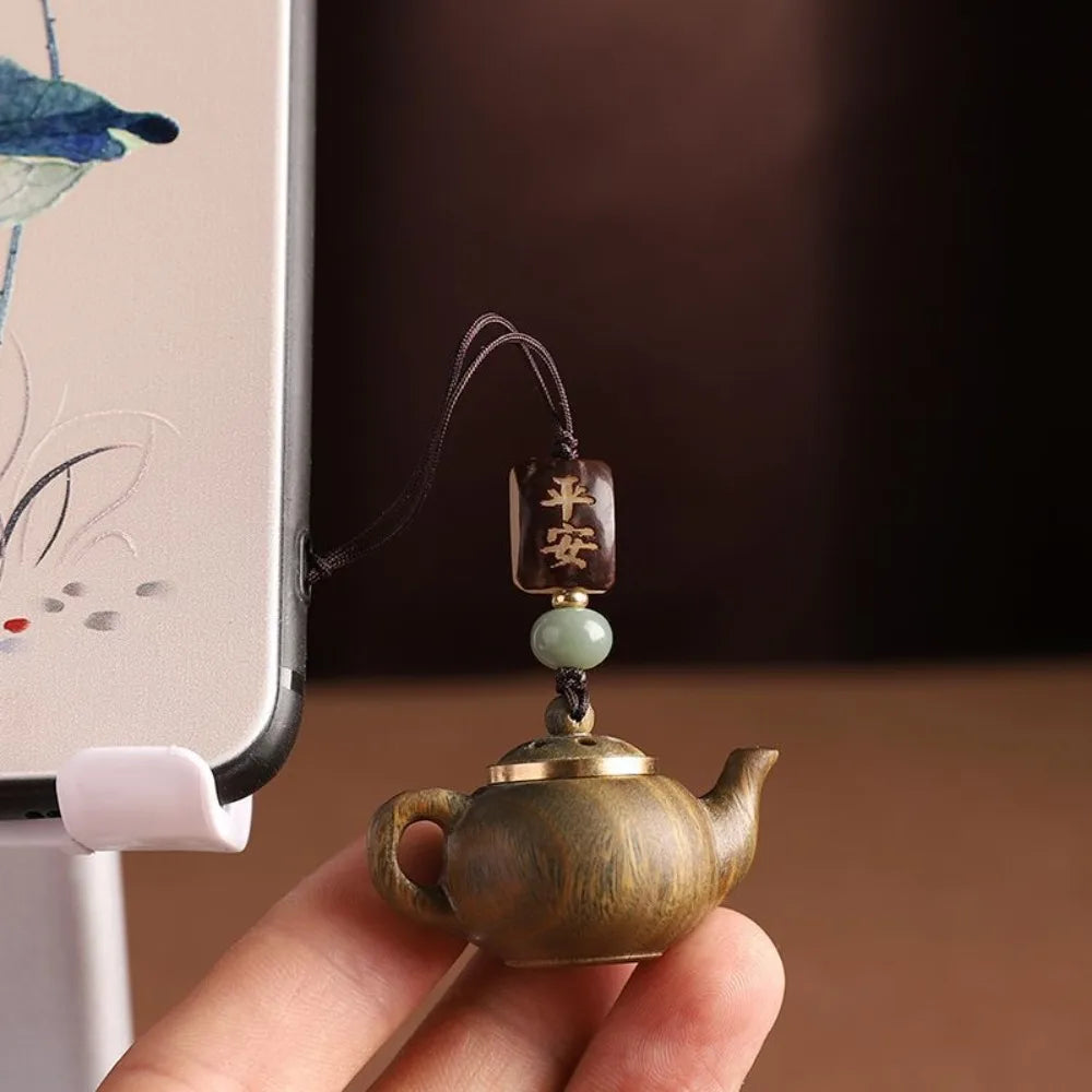 Openable Little Teapot Keychain Waterproof Carved Teapot Pendant Green Sandalwood Woven Rope Phone Chain Zpaxo