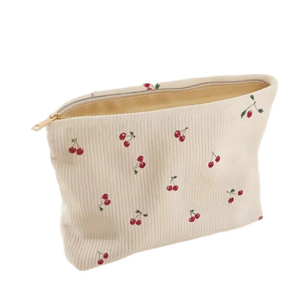 Hand Painted Cherry Corduroy Zipper Makeup Bag Lightweight Travel Toiletry Pouch Bohemian Style Cosmetic Organizer Zpaxo